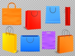 Color shopping bags. Empty products handbag white paper fashion bag with handle 3d isolated grocery shop realistic package vector mockup set