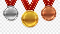 Realistic medal set. Gold bronze and silver medals with red ribbons isolated on transparent background, award vector collection