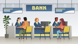 Bank office interior. Professional banking service, finance manager and clients. Credit, deposit consult management and counter serviced indoor payment cashier vector concept