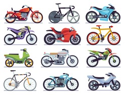 Motorbike set. Motorcycles and scooters, bikes and choppers. Speed race and delivery retro and modern vehicles flat vector motor transport detail sports road moto collection