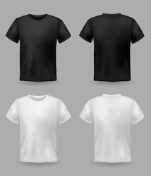 White and black t-shirt mockup. Sport blank shirt template front and back view, men and women clothes for fashion clothing realistic uniform for advertising textile print vector set