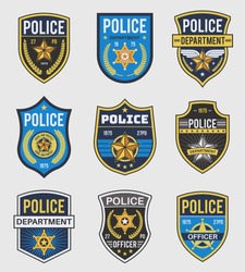 Police badges. Officer government badge, special police security medallion and federal agent signs, policeman insignia vector simple patches set