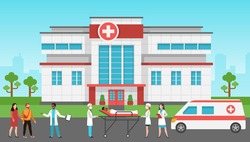 Hospital exterior. Panorama medical building, health centre. Emergency service, ambulance car, hospitalized patients and doctor vector healthcare concept
