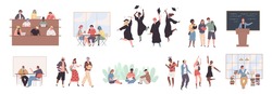 Student life. Young people activities. Guys and girls study at lectures or seminars at university. College learner group. Classmates relax and celebrate graduation. Vector scenes set