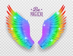Rainbow wings. Realistic bright freedom symbol, symmetric shapes, pride color feathers, beautiful magical multicolor bird elements. Card or poster. Vector 3d isolated concept