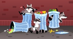 Street garbage. Raccoons eat food waste. Wild animal characters in urban dump. Trash cans in alley. Rubbish bins at sidewalk and homeless pets. Eating leftovers. Vector city fauna concept