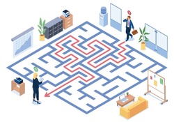 Curator. Business instructor. Mentor supports employee to pass maze. Employees search way in labyrinth. Professional development. Mentorship and courses for businessmen. Vector concept