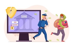 Hacker and police. Cyber security in work. Policeman from monitor chasing digital criminal. Thief runs away from guard. Banking account phishing. Online safety. Vector cybercrime concept