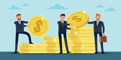 Investment fund. Distribution of funds. Business development. Businessmen with stacks of gold coins investing money, income growth, capital earnings success. Vector cartoon flat concept