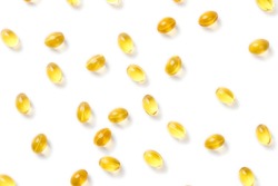 Close up of  oil filled capsules suitable for: fish oil, omega 3, omega 6, omega 9,  vitamin A, vitamin D, vitamin D3, vitamin E 
