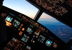 Cockpit of a passenger plane. View from the cockpit during the flight of a passenger aircraft.