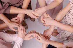 circle from female hands. Feminism nursing support concept. Together women help each other. Gently touch. Carefully. Partnership friends. Tactility. Offline communication togetherness. Gentle tones