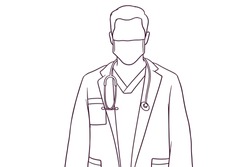 male doctor standing with facial mask and a stethoscope. medical concept. hand drawn style vector illustration