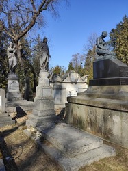 Lychakiv cemetery. Tombstones and graves in the cemetery. City cemetery. Ancient burial places with statues and monuments. Catholic cemetery, family crypt. Polish and Ukrainian cemeteries