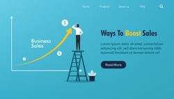 Landing page template of business sales concept. Businessman stands to draw on arrow line vector illustration.
