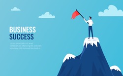 Businessman standing on mountains top in winner pose vector illustration with flag rise. Business success symbol. 