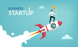 Successful businessman start up holding flag on rocket flying through sky. Business concept illustration.