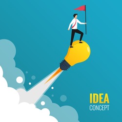 Businessman holding red flag standing on light bulb idea concept. Launching idea for success vector illustration.