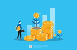 Business growth illustration for smart investment concept. Profit performance or income with pile coins and plant of money symbol