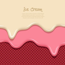 Double Vanilla milk and strawberry ice cream melted on chocolate waffle cone background collection