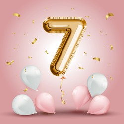 Elegant Greeting celebration sevens years birthday. Anniversary number 7 foil gold balloon. Happy birthday, congratulations poster. Golden numbers with sparkling golden confetti. Vector background