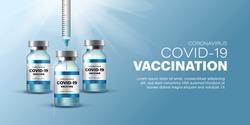 Coronavirus vaccine vector banner background. Covid-19 corona virus vaccination with vaccine bottle and syringe injection tool for covid19 immunization treatment. Vector illustration.