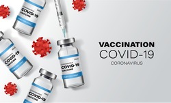 Creative design for Coronavirus vaccine banner background. Covid-19 coronavirus vaccination shot with vaccine bottle and syringe injection tool for covid19 immunization treatment. Vector illustration