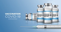 Creative design banner for Coronavirus vaccine background. Covid-19 corona virus vaccination with vaccine bottle and syringe injection tool for covid19 immunization treatment. Vector illustration.