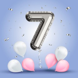 Elegant Greeting celebration sevens years birthday. Anniversary number 7 foil silver balloon. Happy birthday, congratulations poster. Silver numbers with sparkling silver confetti. Vector background