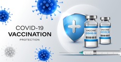 Creative design banner for Coronavirus vaccine Protection background. Covid-19 corona virus vaccination with vaccine bottle and syringe injection tool for covid19 immunization treatment. Vector.