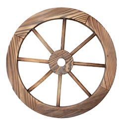 one old wooden wagon wheel on white