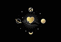 Universe of hearts. Heart or love symbol with planets and stars. Vintage boho magic design style. For spiritual guidance, tarot readers, valentine gift cards.