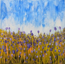 Abstract impressionist acrylic painting of field of purple flowers with blue sky