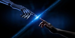 Robot hand making contact with human hand. 3d rendering.