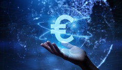 Euro sign on virtual screen. Online banking currencies exchange financial concept.