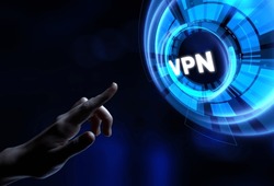 VPN Virtual private network internet security concept. Hands pressing button virtual screen.