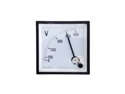 Analog high voltage alternating current voltmeter dial isolated on white background with clipping path. the scale reads four hundred volts.