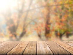 Empty brown wooden table in front of art abstract bokeh background of maple trees in autumn with shiny of sunlight for your display or montage