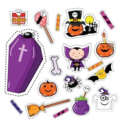 Halloween Icon Sticker Patches Set on White Isolated Background. Vector Illustration eps.10