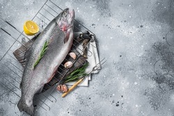 Freshwater trout, fresh raw fish on a grill ready for cooking. Gray background. Top view. Free space for your text.