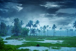 Cloudy sky over beautiful flood plain landscape, River landscape, Beautiful summer landscape with cloudy sky, Flood plain of beautiful river. Nature Beautiful Scenery Kerala India