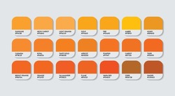 Orange Color Guide Palette with Color Names. Catalog Samples Orange with RGB HEX codes and Names. Metal Colors Palette Vector, Wood and Plastic Orange Color Palette, Fashion Trend Orange Color Palette