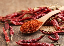 Cayenne pepper,Dried red chili on wooden table.