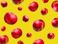 Flying levitating floating red ripe fresh juicy apples in air on yellow background. Levity summer fruits. Trendy, minimal,creative food.healthy nutrition