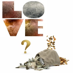 love or money question mark , choice ,gold text letter and money bag with coins and dollars concept isolated on white background