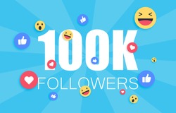 Thank you 100 000 followers background. Congratulating networking thanks, net friends abstract image, customers 100 000k sign. Isolated smiling people, like thumbs up, heart like.
