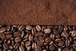 Roasted coffee beans and ground coffee background. Many aromatic coffee beans on a dark background. View from above. The concept of an advertising banner for a coffee shop or commodity production.