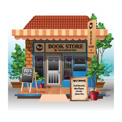 Street small bookstore exterior design. Flat style vector illustration with the background.