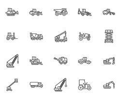 Construction vehicle line icons set. linear style symbols collection, outline signs pack. Industrial transport vector graphics. Set includes icons as Bulldozer, Dump Truck, Excavator, Crane machine 
