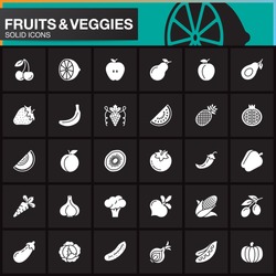 Fruits and vegetables vector icons set, modern solid symbol collection, filled pictogram pack isolated on black, logo illustration